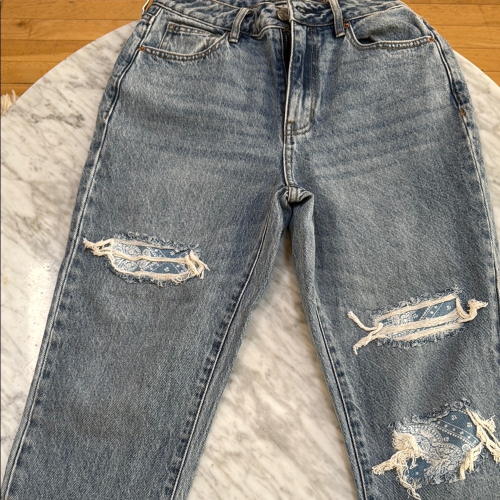 Pacsun mid-wash distressed bandana patchwork jeans